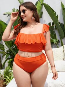 Conjunto de bikini con volantes y cintura alta talle grande para playa de verano - Naranja - Ver 5