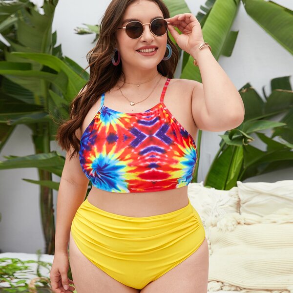 

Plus Tie Dye Ruched High Waisted Bikini Swimsuit, Multicolor