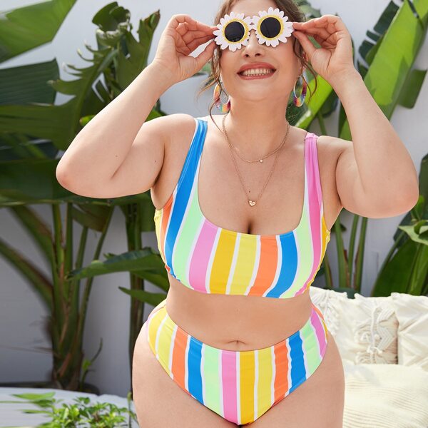 

Plus Striped Bikini Swimsuit, Multicolor