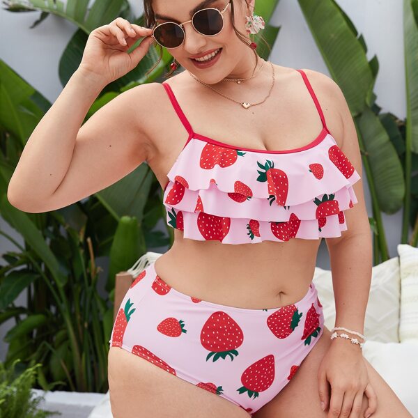 

Plus Strawberry Print Tiered Layer Bikini Swimsuit, Baby pink