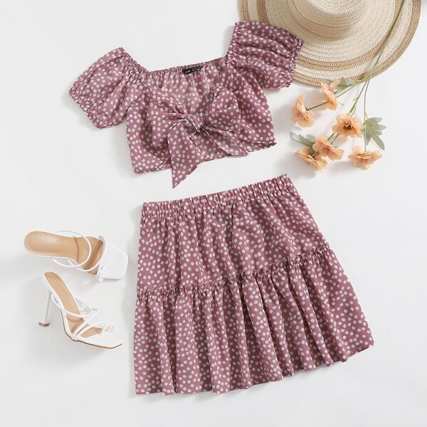

Plus Ditsy Floral Puff Sleeve Tie Front Crop Top & Skirt Set, Dusty pink