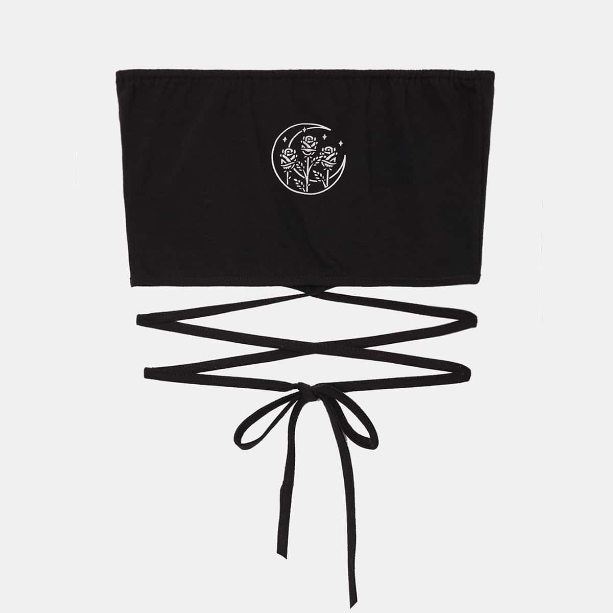 

Floral Graphic Criss Cross Crop Tube Top, Black