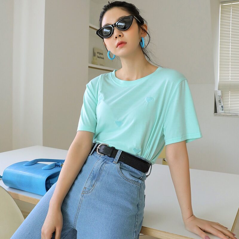 

Heart Embroidered Round Neck Tee, Mint blue