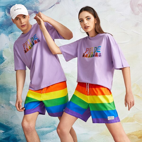 

1pc Rainbow Stripe Drawstring Waist Swim Trunks, Multicolor