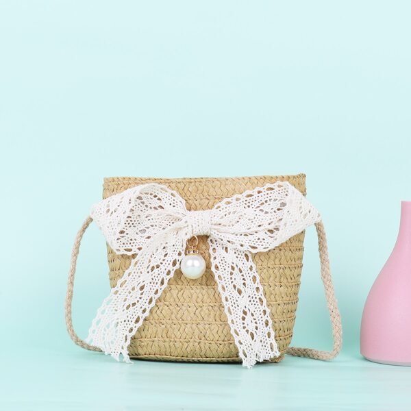 

Girls Bow Decor Straw Bag, Khaki