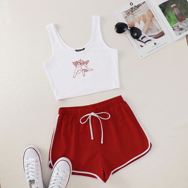 

Plus Angel Print Tank Top With Track Shorts, Red and white