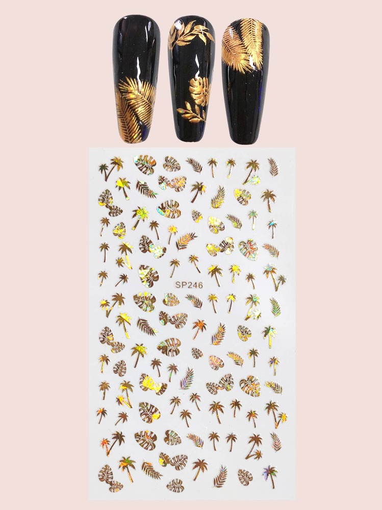 1 hoja pegatina de arte de uña con patrón de planta - Dorado - Añade 1