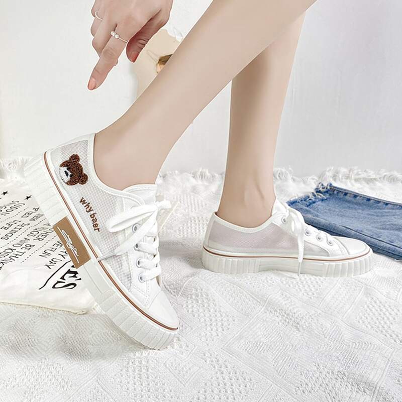 

Cartoon Bear Lace-up Mesh Sneakers, White