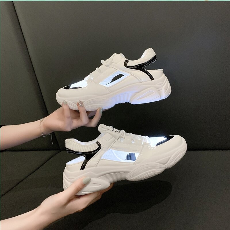 

Cut Out Lace-up Mesh Chunky Sneakers, White