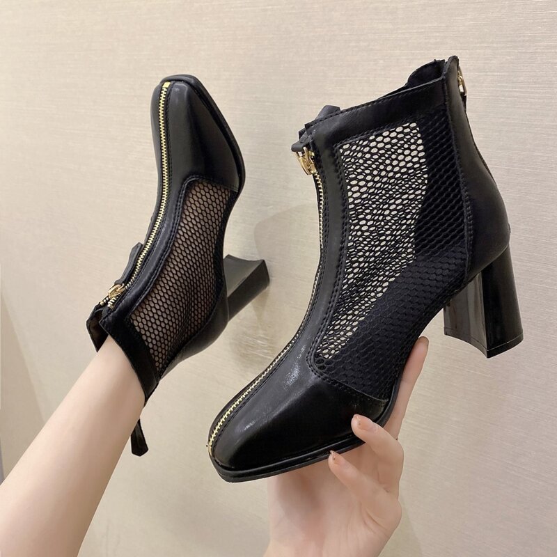 

Zip Front Mesh Boots, Black