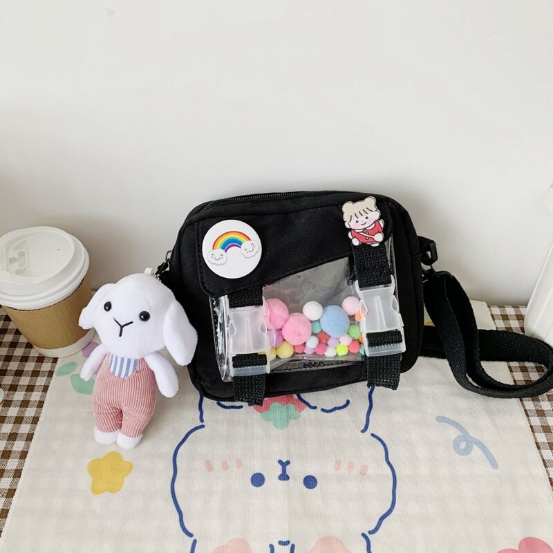

Cartoon Pom Pom Crossbody Bag, Black