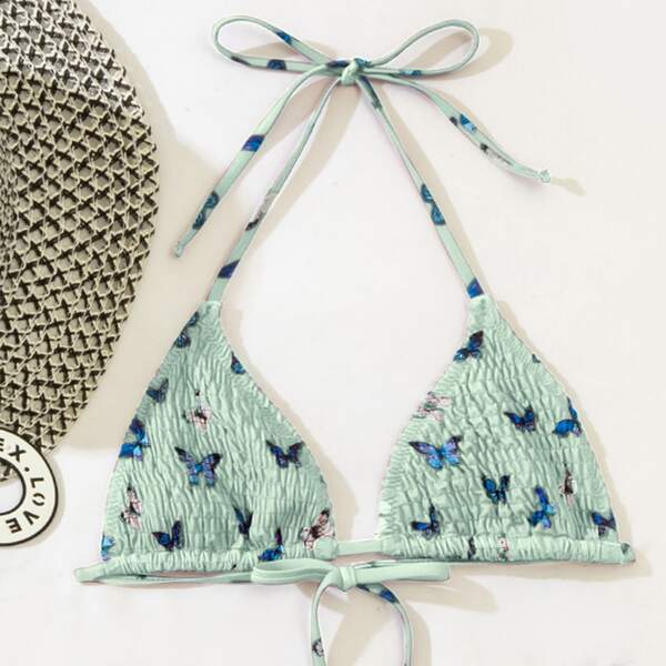 

Butterfly Print Smocked Triangle Bikini Top, Mint green