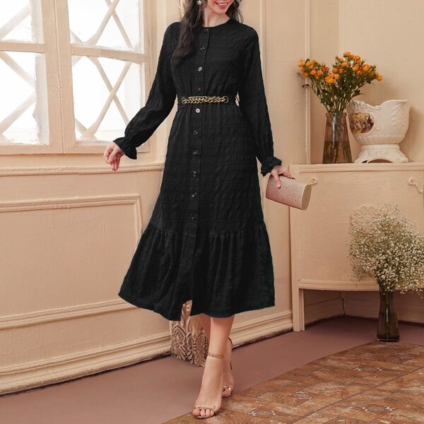 

Button Front Ruffle Hem Belted Dress, Black