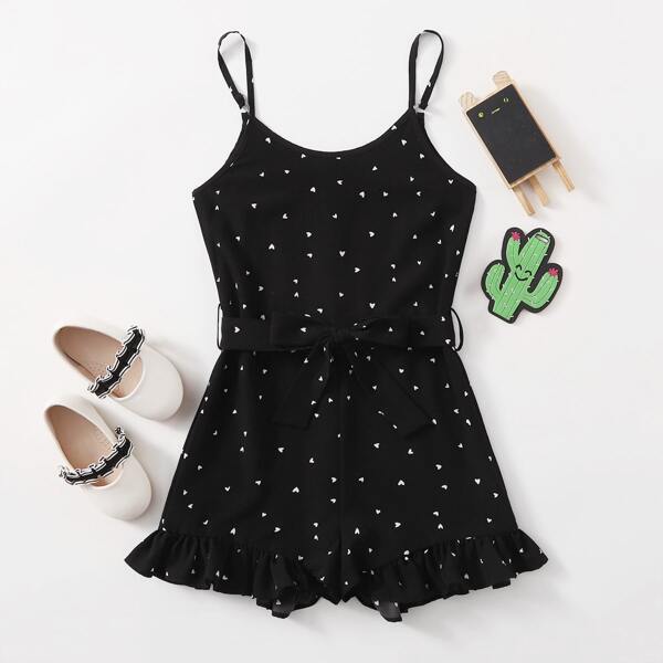 

Girls Heart Print Belted Cami Romper, Black