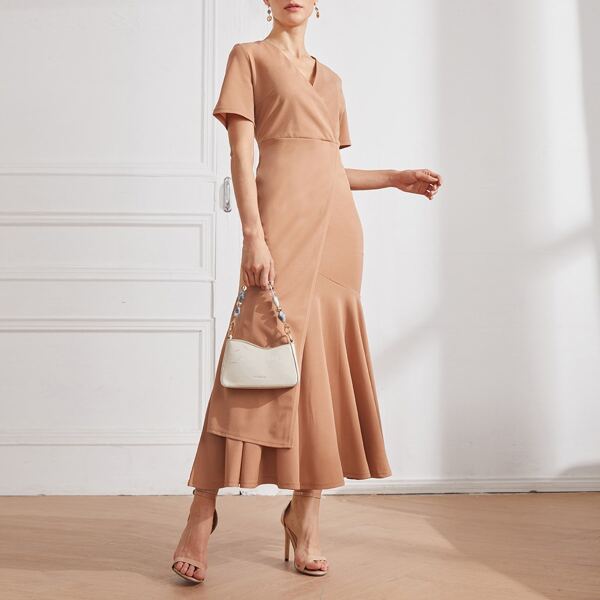 

Surplice Front Mermaid Hem Dress, Apricot