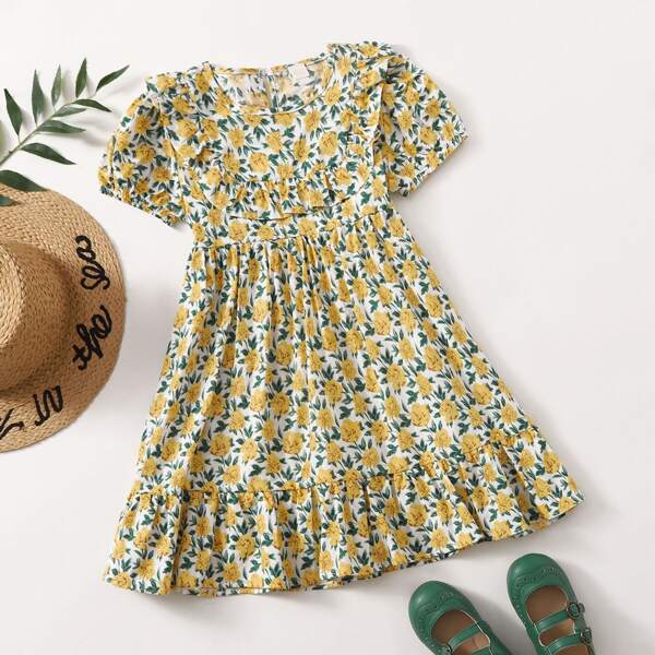 

Girls Ruffle Trim Allover Floral A-line Dress, Multicolor