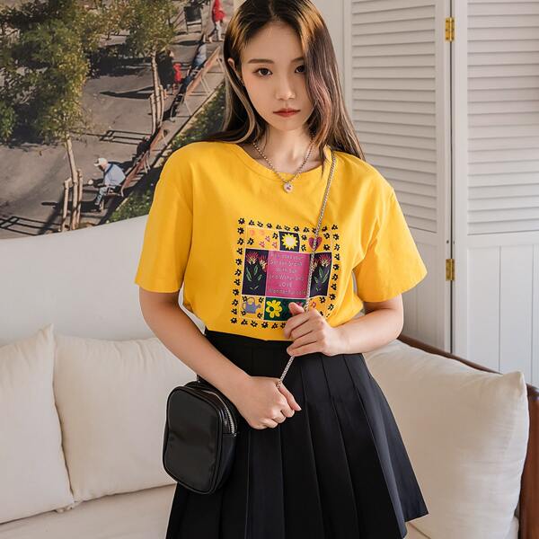 

Slogan And Floral Print Tee, Yellow