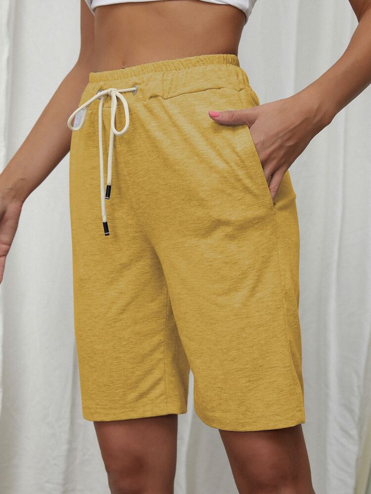 SHEIN Unity Drawstring Waist Slant Pocket Shorts - Mustard Yellow - View 6