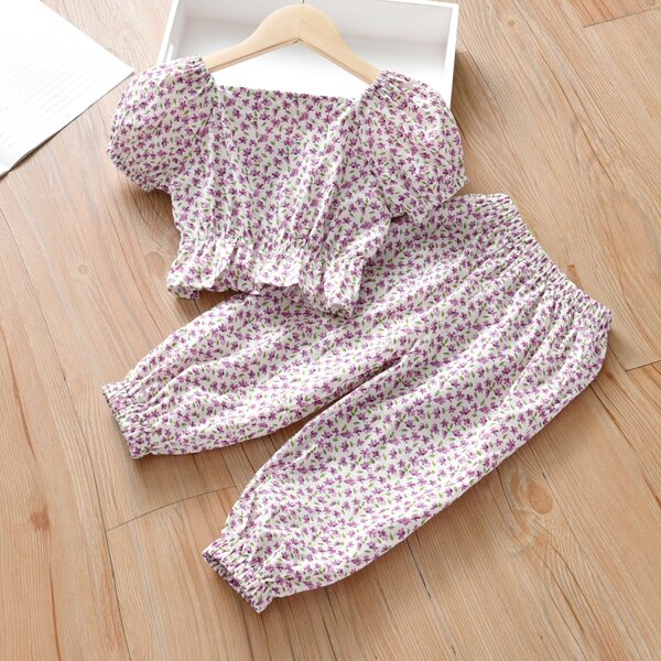 

Toddler Girls Ditsy Floral Print Puff Sleeve Blouse & Pants, Multicolor