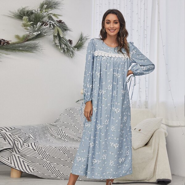 

Guipure Lace Trim Ditsy Floral Night Dress, Dusty blue