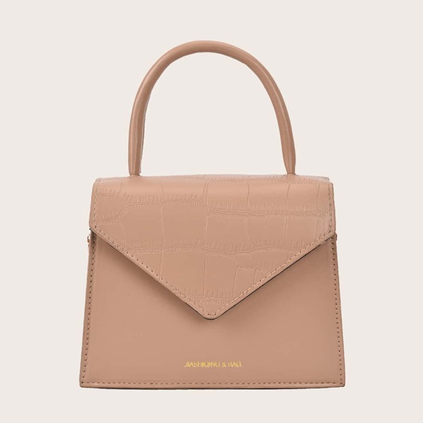 

Croc Embossed Flap Satchel Bag, Khaki