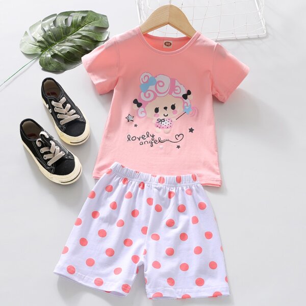 

Toddler Girls Cartoon Graphic Tee With Polka Dot Shorts, Multicolor