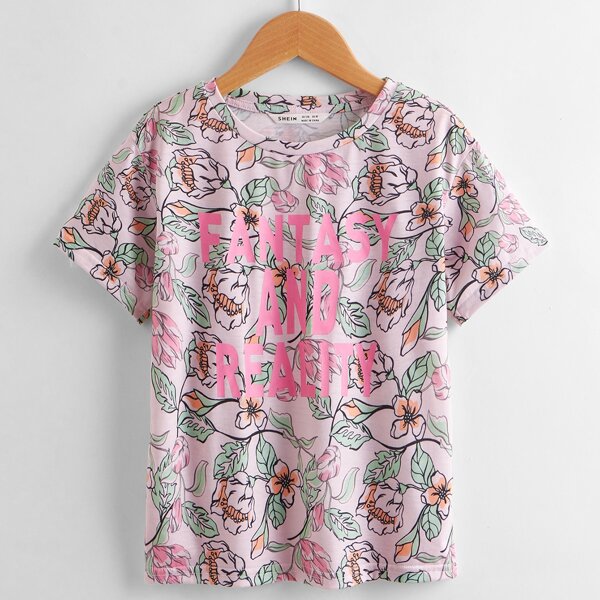 

Girls Floral & Letter Graphic Tee, Pink