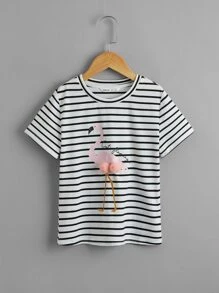 SHEIN Tween Girl Flamingo Print Striped Tee - Black and White - View 1