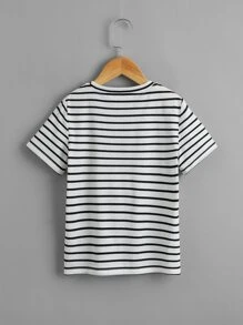 SHEIN Tween Girl Flamingo Print Striped Tee - Black and White - View 2
