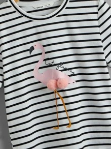 SHEIN Tween Girl Flamingo Print Striped Tee - Black and White - View 4
