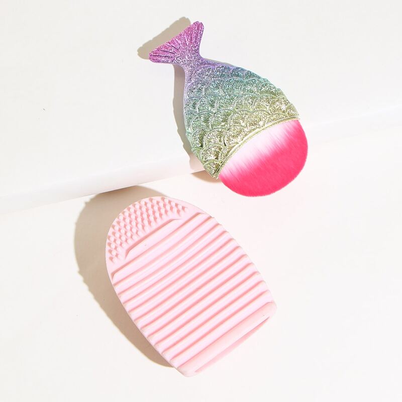 

1pc Fish Tail Foundation Brush & 1pc Cleaning Tool, Multicolor