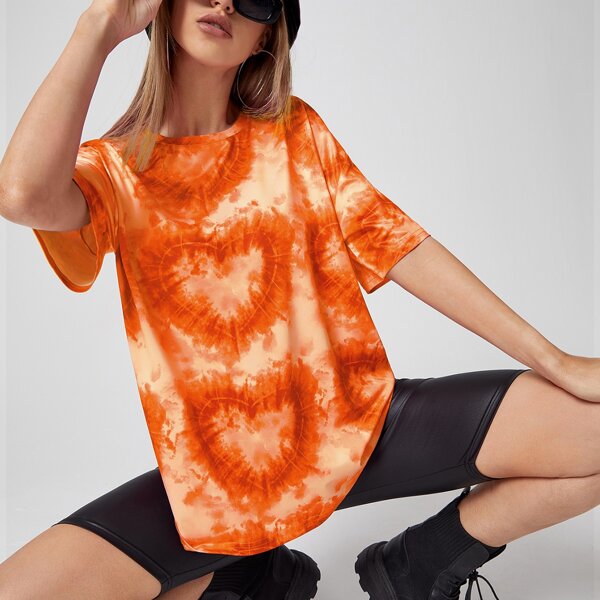 

Drop Shoulder Tie Dye Heart Print Tee, Orange