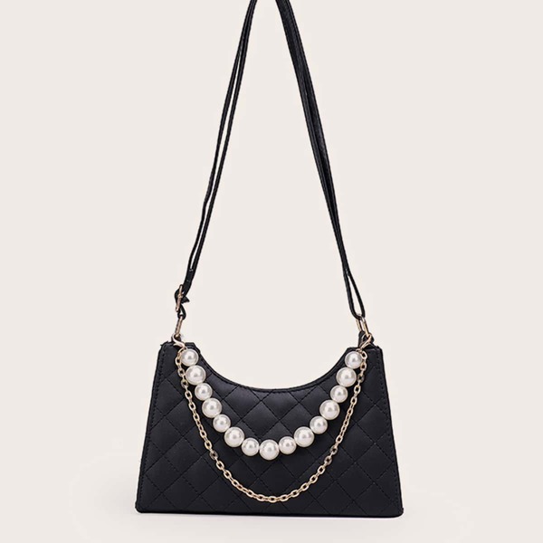 

Faux Pearl Decor Quilted Shoulder Bag, Black