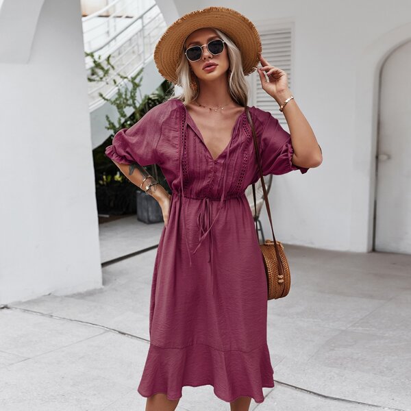 

Lace Insert Drawstring Waist Ruffle Hem Dress, Burgundy