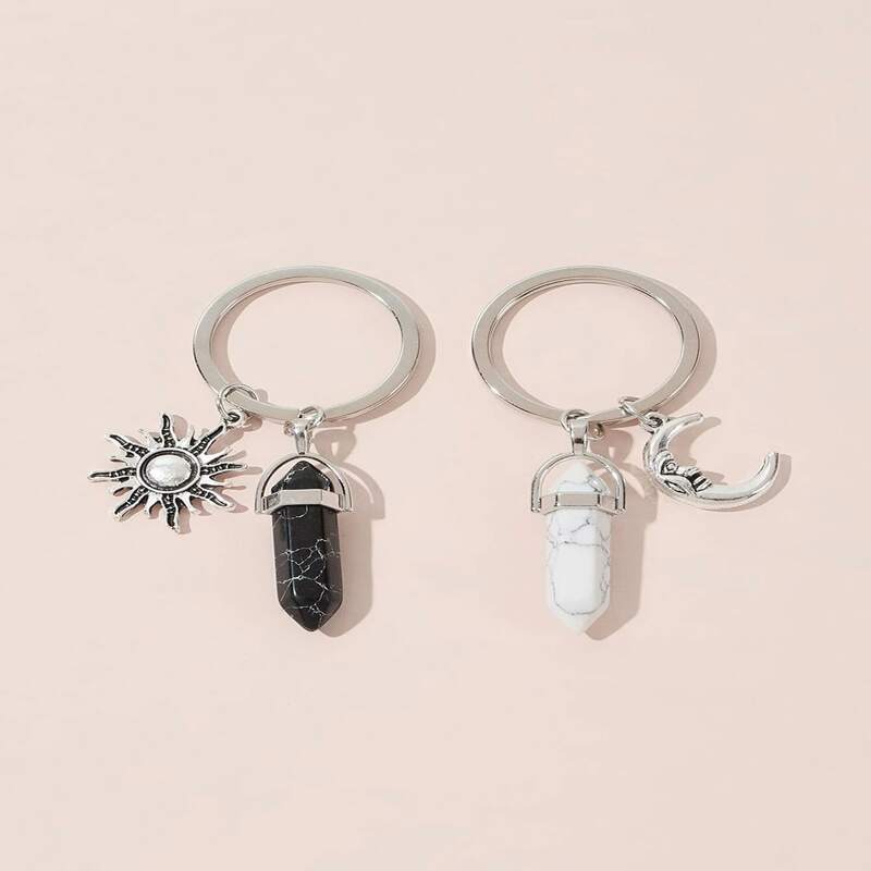 

2pcs Sun & Moon Pendant Keychain, Black and white