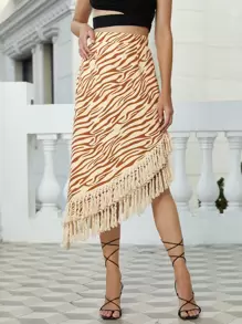 Sayndo Fringe Trim Asymmetrical Hem Zebra Striped Skirt - Multicolor - View 1