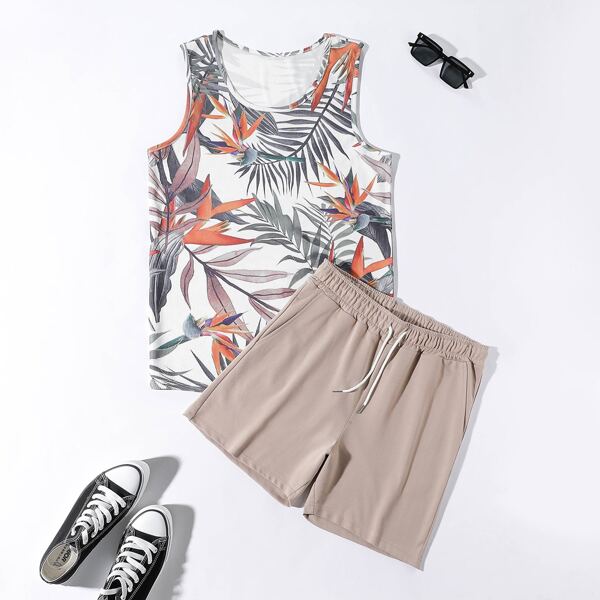 

Men Tropical Print Tank Top & Track Shorts, Multicolor