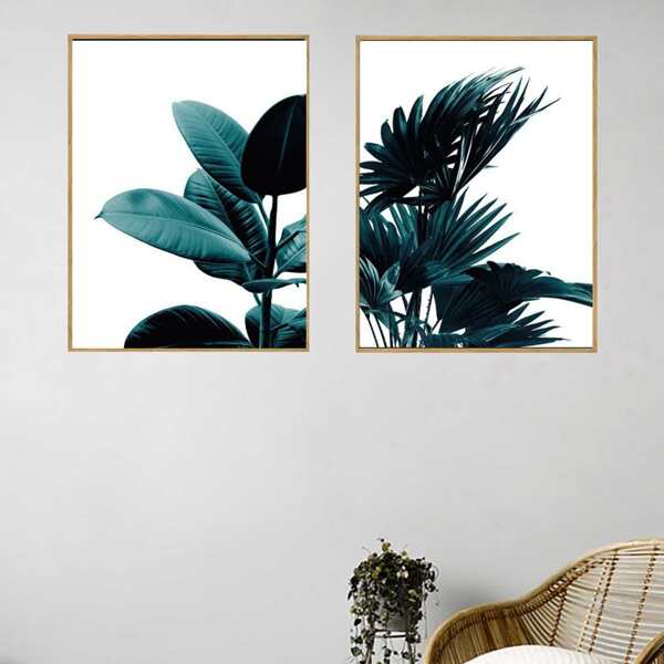 

2pcs Leaf Print Unframed Painting, Green