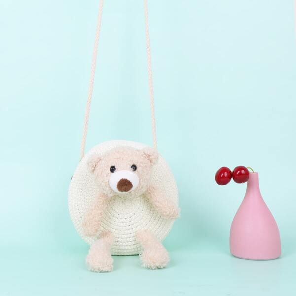 

Kids Cartoon Bear Decor Straw Bag, White