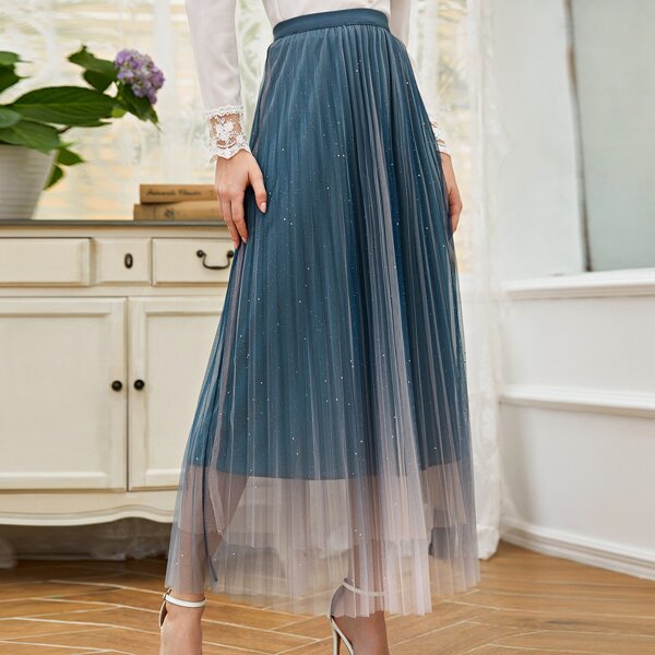 

Elastic Waist Mesh Pleated Skirt, Teal blue