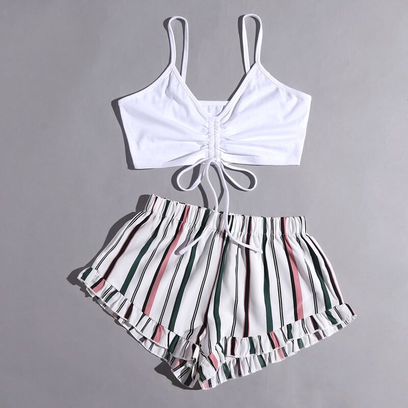 

Solid Drawstring Crop Cami & Striped Shorts, Multicolor