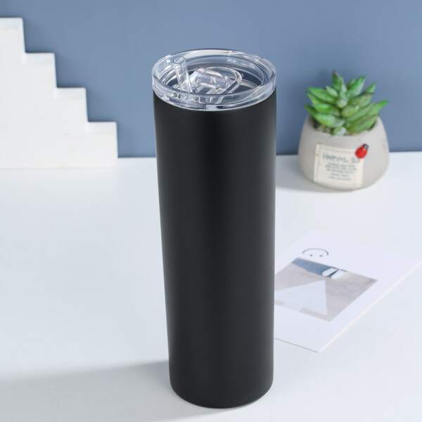 

1pc Plain Vacuum Cup With Straw, Black