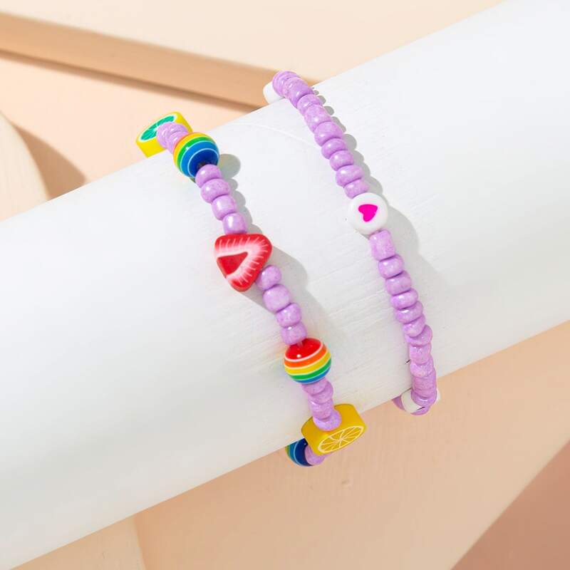 

2pcs Fruit & Heart Beaded Bracelet, Purple