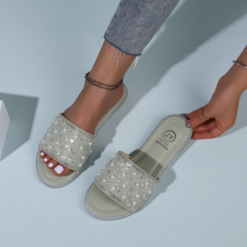 

Faux Pearl & Rhinestone Slide Sandals, Mint green