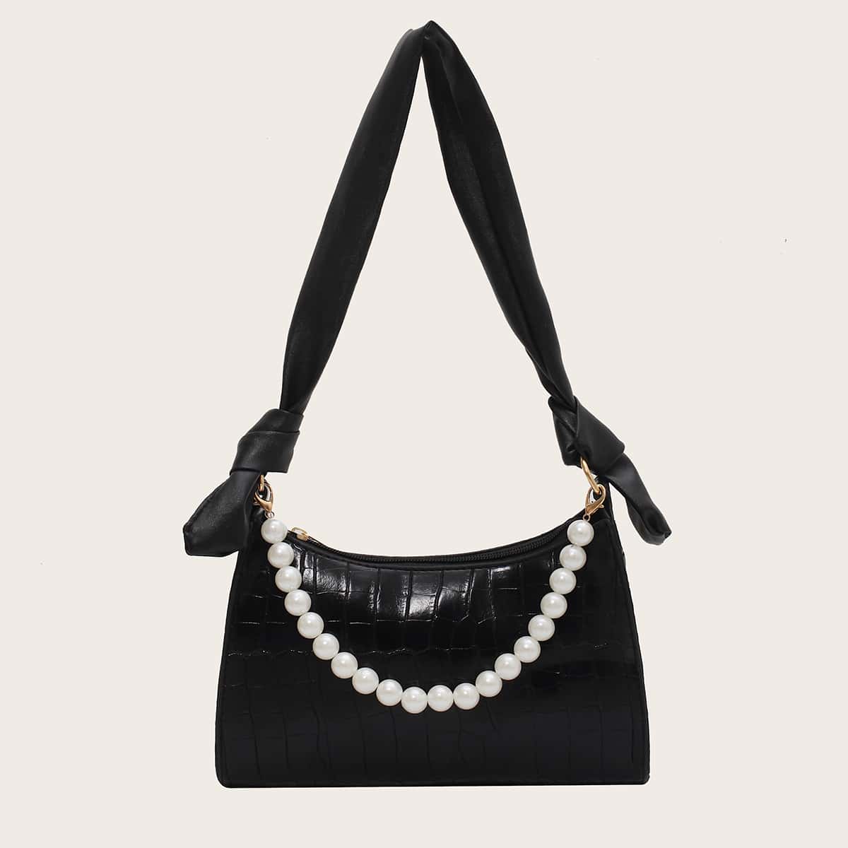 

Faux Pearl Croc Embossed Baguette Bag, Black