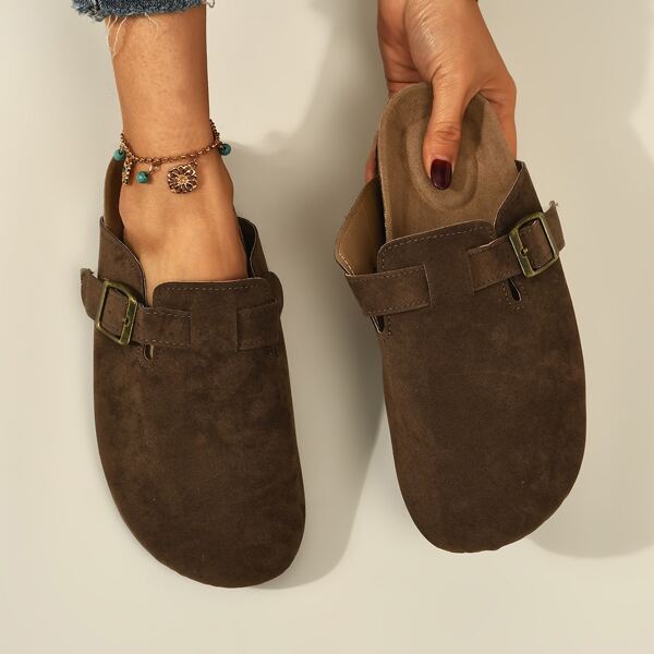 

Suede Buckle Decor Flat Mules, Coffee brown