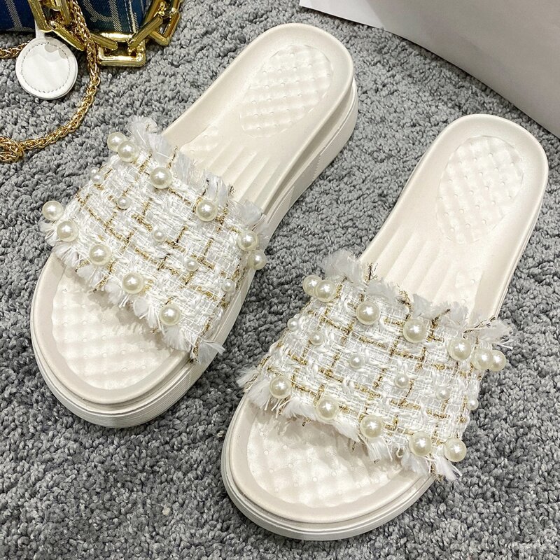 

Faux Pearl Band Slide Sandals, Beige
