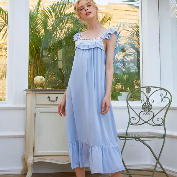 

Lace Insert Ruffle Hem Sleep Dress, Baby blue