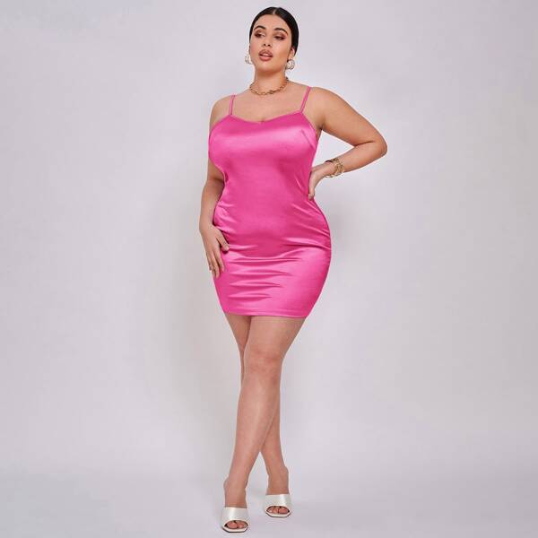 

Plus Satin Solid Cami Fitted Dress, Hot pink