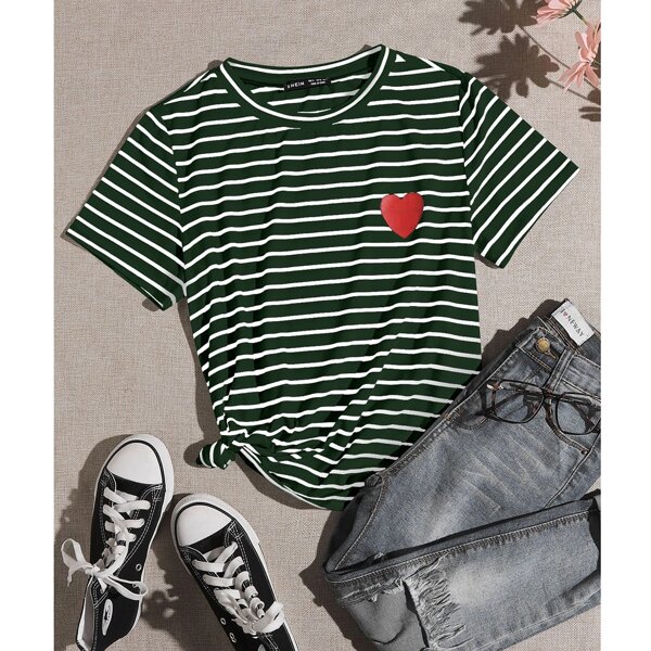 

Plus Heart Print Striped Tee, Dark green